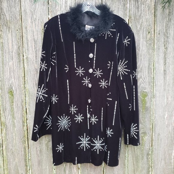 Vintage 90s/y2k Black Velvet Winter Snowflake Cardigan style sweater jacket - Picture 1 of 7